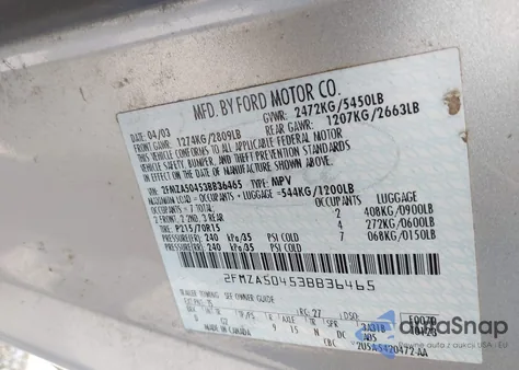 2003 Ford Windstar Wagon from USA, damaged, VIN 2FMZA50453BB36465